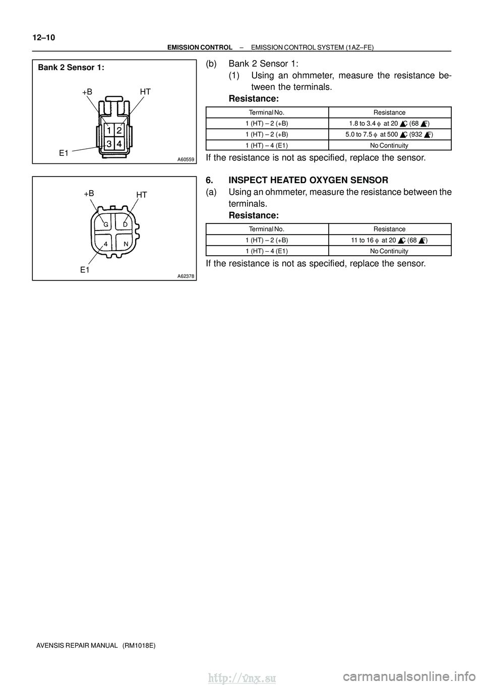 TOYOTA AVENSIS 2003  Service Repair Manual A60559
+BHT
Bank 2 Sensor 1:
E1
A62378
+B
HT
E1
 
12±10
±
EMISSION CONTROL EMISSION CONTROL SYSTEM (1AZ±FE)
AVENSIS REPAIR MANUAL   (RM1018E)
(b) Bank 2 Sensor 1: (1) Using an ohmmeter, measure
