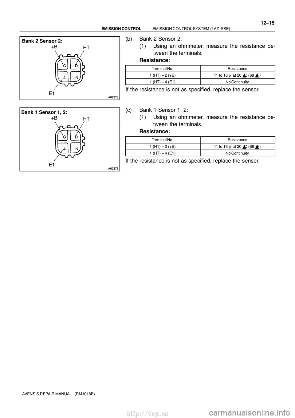 TOYOTA AVENSIS 2003  Service Repair Manual A62378
+BHT
E1
 
Bank 2 Sensor 2:
A62378
+B HT
E1
 
Bank 1 Sensor 1, 2:
±
EMISSION CONTROL EMISSION CONTROL SYSTEM (1AZ±FSE)
12±15
AVENSIS REPAIR MANUAL   (RM1018E)
(b) Bank 2 Sensor 2:
(1)