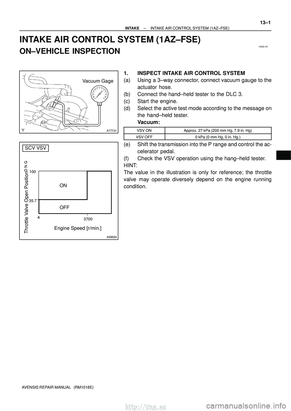 TOYOTA AVENSIS 2003  Service Repair Manual 1302G±03
A77131
Vacuum Gage
35.7 3700
100
Throttle Valve Open Position

Engine Speed [r/min.]
ON
OFF
A59594
SCV VSV
±
INTAKE INTAKE AIR CONTROL SYSTEM (1AZ±FSE)
13±1
AVENSIS REPAIR MANUAL   (R