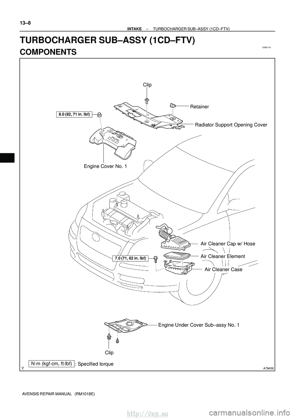 TOYOTA AVENSIS 2003  Service Repair Manual 1306Y±01
A79439
8.0 (82, 71 in.lbf)
Engine Cover No. 1 Radiator Support Opening Cover
N´m (kgf´cm, ft´lbf)
: Specified torque
7.0 (71, 62 in.lbf)
Air Cleaner Cap w/ Hose
Air Cleaner Element
Air 