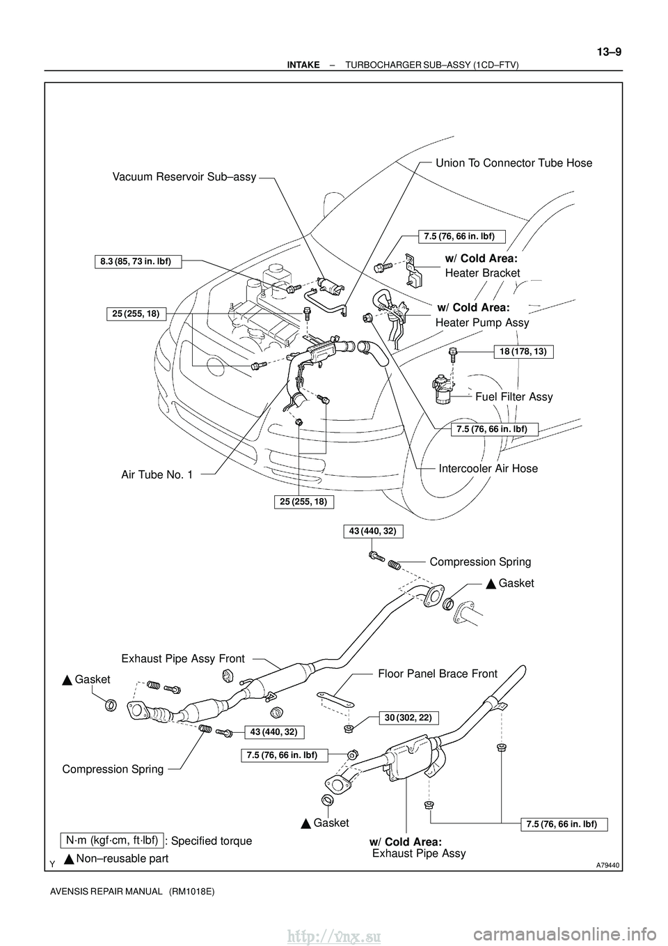 TOYOTA AVENSIS 2003  Service Repair Manual A79440
Union To Connector Tube Hose
Fuel Filter Assy
Vacuum Reservoir Sub±assy
43 (440, 32)
43 (440, 32)

 Gasket
 Gasket Compression Spring
Floor Panel Brace Front
Exhaust Pipe Assy Front
Compress
