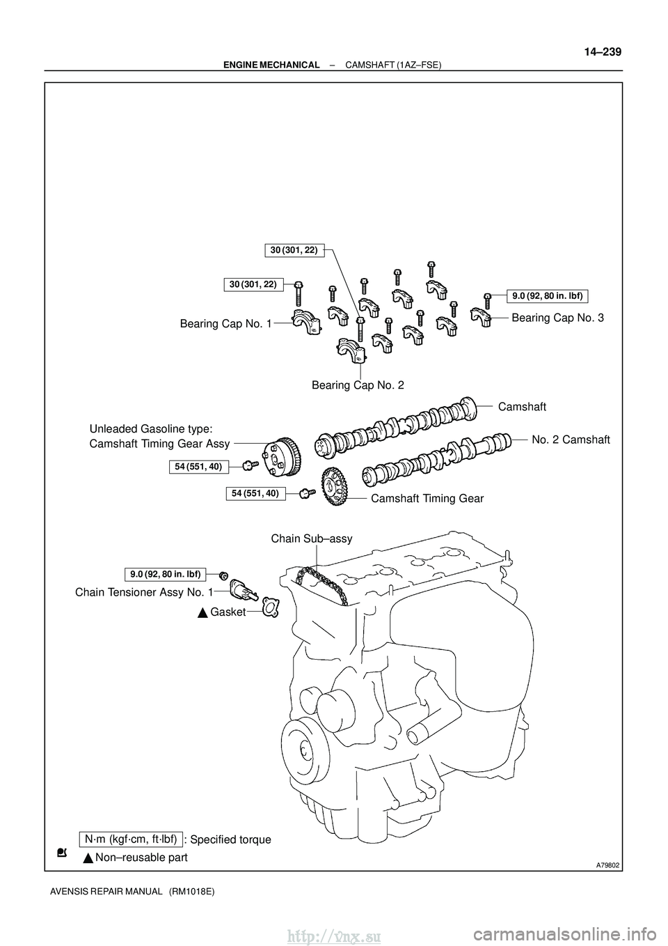 TOYOTA AVENSIS 2003  Service Repair Manual A79802
N´m (kgf´cm, ft´lbf): Specified torque
  Non±reusable part 
 Gasket
Bearing Cap No. 3
Bearing Cap No. 2
Camshaft
No. 2 Camshaft
Camshaft Timing Gear
Unleaded Gasoline type: 
Camshaft Timi