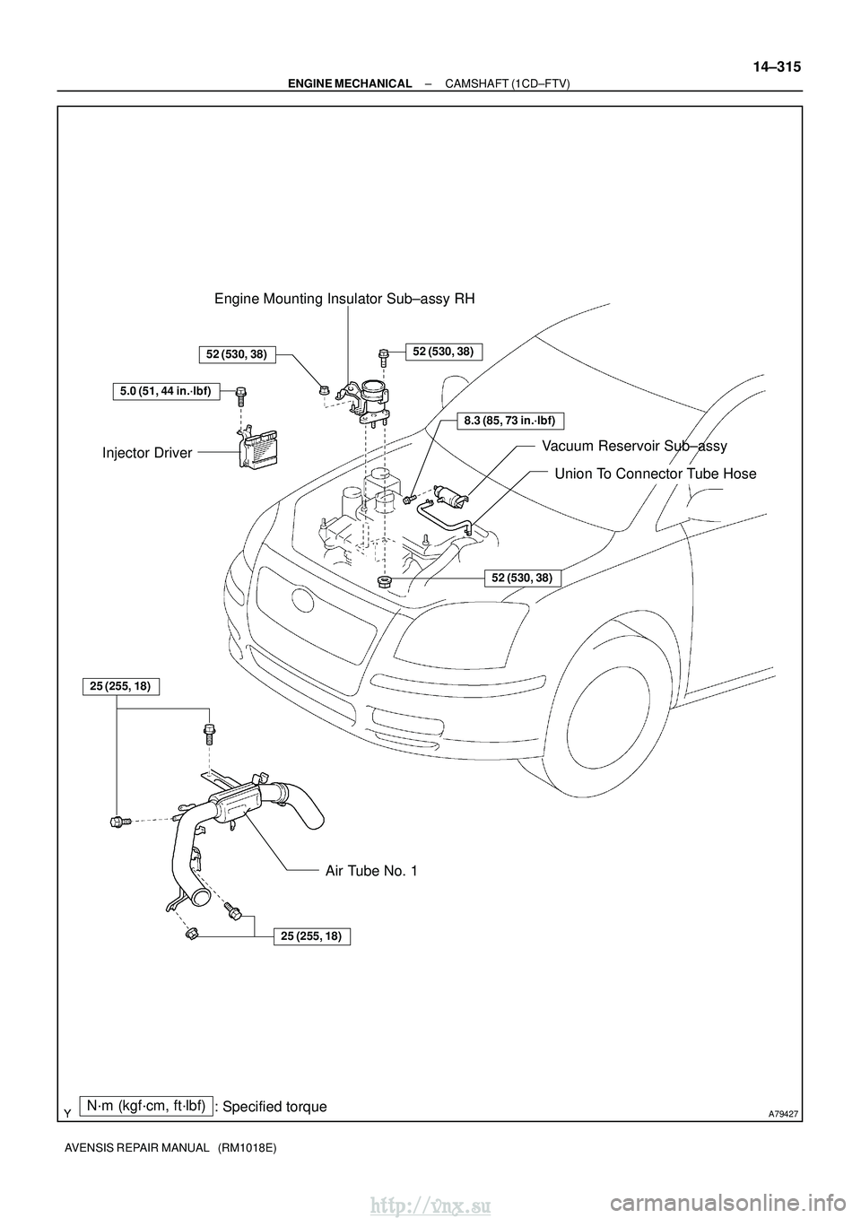 TOYOTA AVENSIS 2003  Service Repair Manual A79427N´m (kgf´cm, ft´lbf): Specified torque
52 (530, 38)52 (530, 38)
52 (530, 38)
Injector DriverEngine Mounting Insulator Sub±assy RH
Vacuum Reservoir Sub±assy
Union To Connector Tube Hose
Air 
