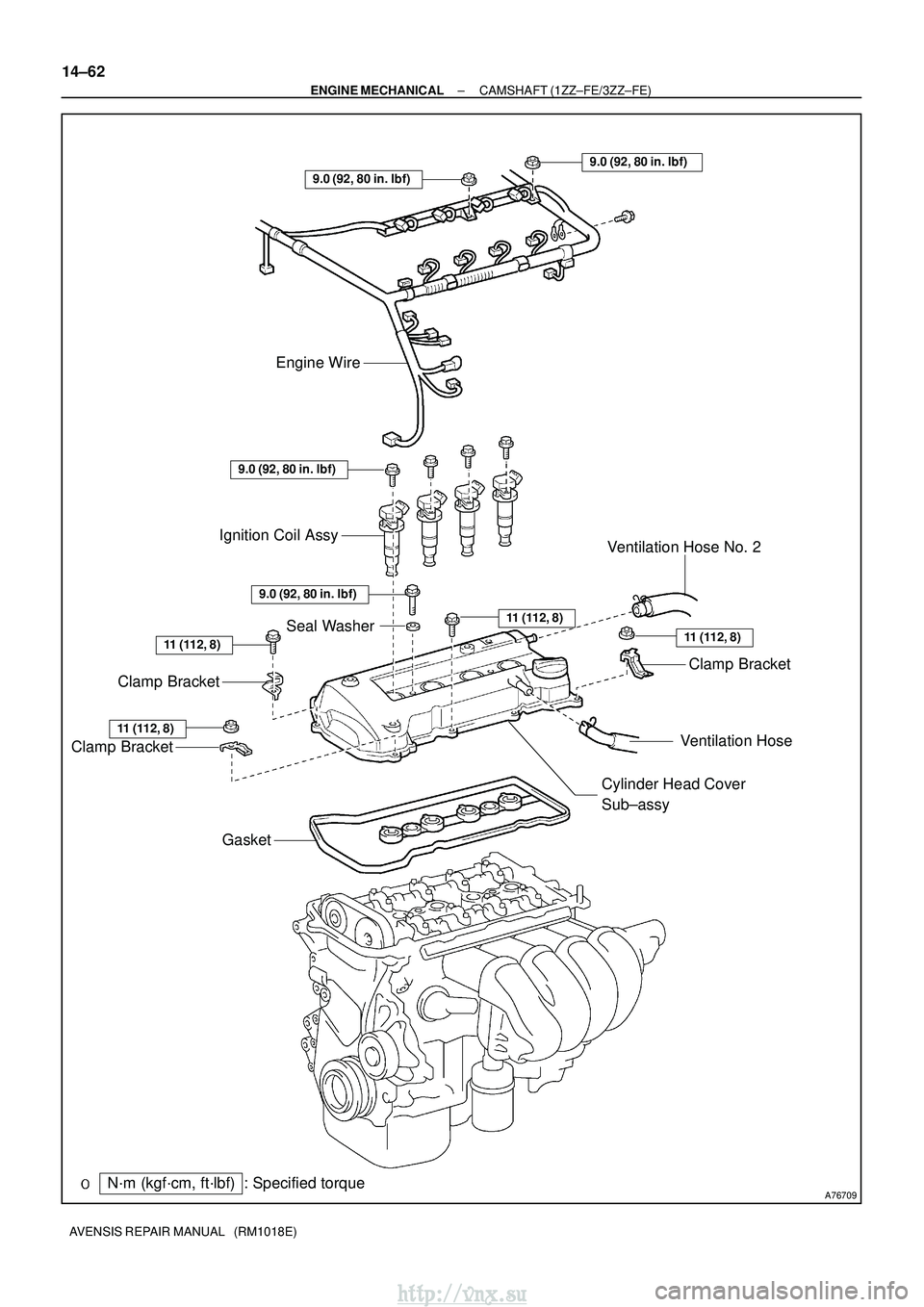 TOYOTA AVENSIS 2003  Service Repair Manual A76709
Ventilation Hose No. 2Clamp Bracket
Ventilation Hose
Ignition Coil Assy
Engine Wire
Clamp Bracket
Clamp Bracket
Gasket
Cylinder Head Cover 
Sub±assy
Seal Washer
N´m (kgf´cm, ft´lbf) : Speci