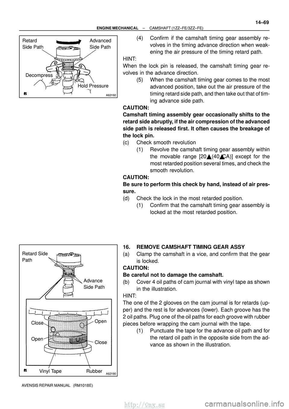 TOYOTA AVENSIS 2003 Service Repair Manual A62192
Hold Pressure
DecompressAdvanced
Side Path
Retard
Side Path
A62190
Advance
Side Path
Retard Side
Path
Open
Close
Rubber
Vinyl Tape
Open Close
±
ENGINE MECHANICAL CAMSHAFT (1ZZ±FE/3ZZ±FE) TOYOTA AVENSIS 2003 Service Repair Manual A62192
Hold Pressure
DecompressAdvanced
Side Path
Retard
Side Path
A62190
Advance
Side Path
Retard Side
Path
Open
Close
Rubber
Vinyl Tape
Open Close
±
ENGINE MECHANICAL CAMSHAFT (1ZZ±FE/3ZZ±FE)