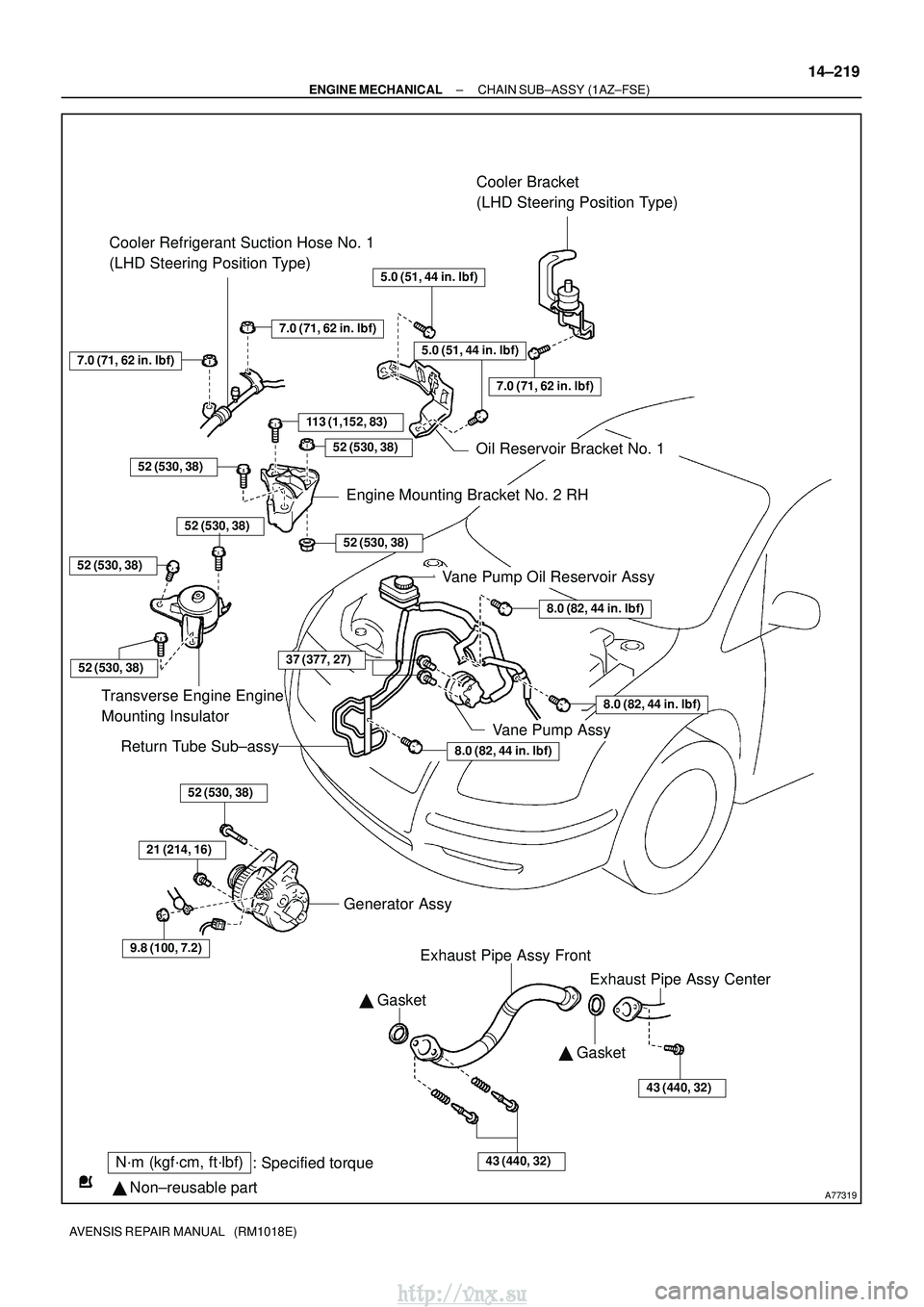 TOYOTA AVENSIS 2003  Service Repair Manual A77319
N´m (kgf´cm, ft´lbf): Specified torque
  Non±reusable part 
 Gasket Cooler Bracket 
(LHD Steering Position Type)
113 (1,152, 83)
Cooler Refrigerant Suction Hose No. 1 
(LHD Steering Posit