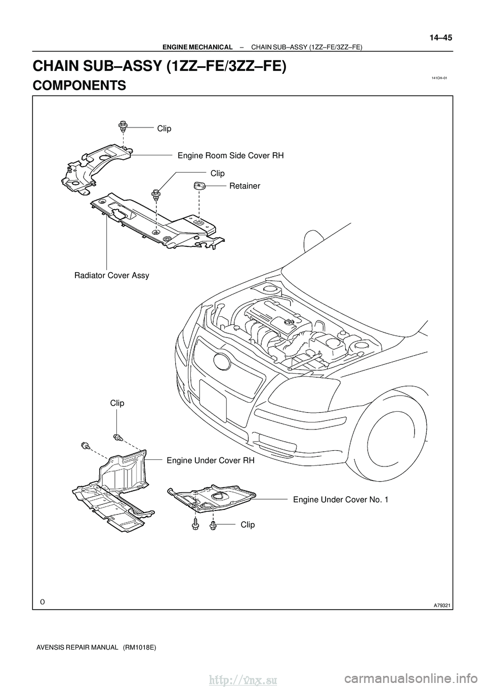 TOYOTA AVENSIS 2003  Service Repair Manual 141CH±01
A79321
ClipEngine Room Side Cover RH
Retainer
Clip
Radiator Cover Assy
Clip Engine Under Cover RH Engine Under Cover No. 1
Clip
±
ENGINE MECHANICAL CHAIN SUB±ASSY (1ZZ±FE/3ZZ±FE)
14±45
