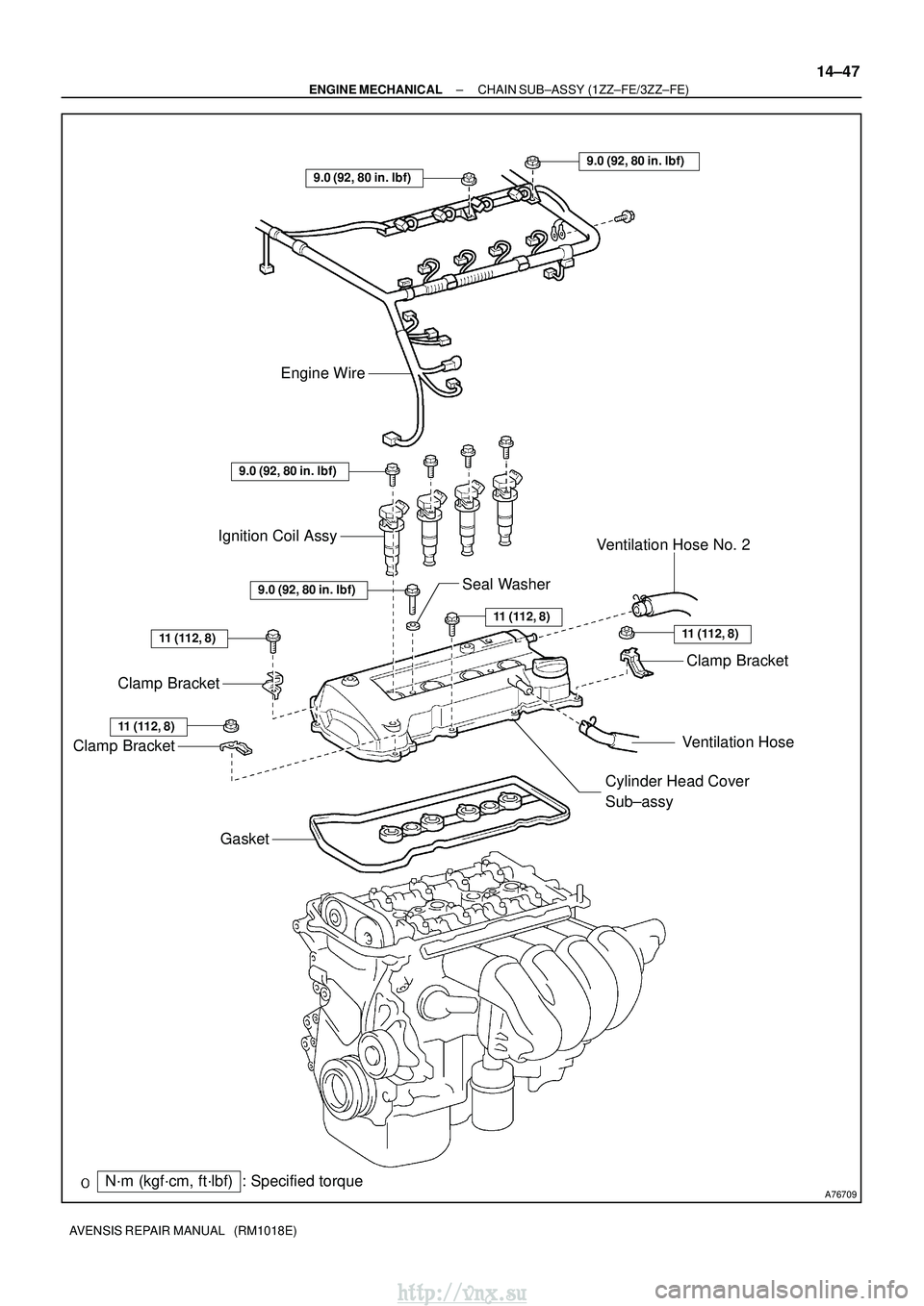 TOYOTA AVENSIS 2003  Service Repair Manual A76709
Ventilation Hose No. 2Clamp Bracket
Ventilation Hose
Ignition Coil Assy
Engine Wire
Clamp Bracket
Clamp Bracket
Gasket
Cylinder Head Cover 
Sub±assy
Seal Washer
N´m (kgf´cm, ft´lbf) : Speci