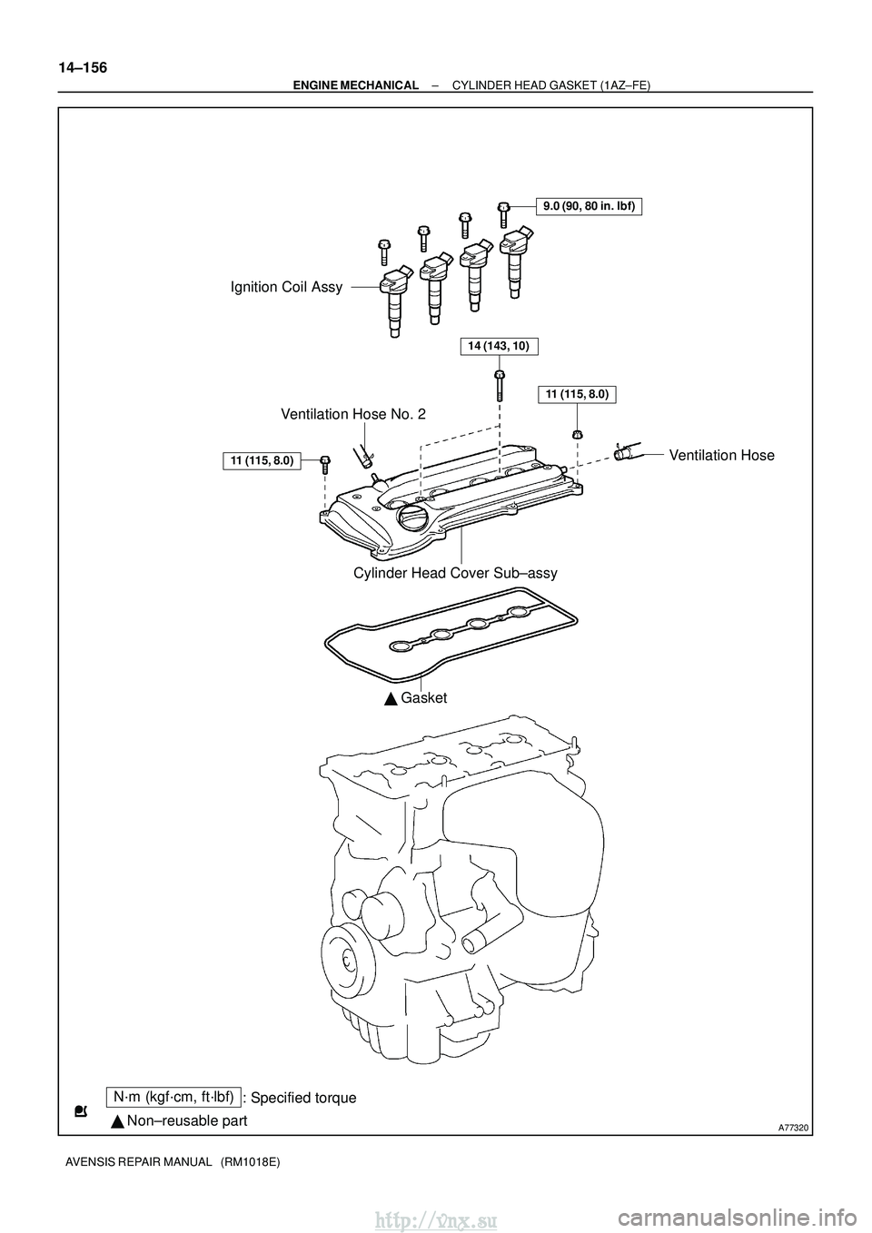 TOYOTA AVENSIS 2003  Service Repair Manual A77320
N´m (kgf´cm, ft´lbf): Specified torque
  Non±reusable part
Ignition Coil Assy
9.0 (90, 80 in. lbf)
14 (143, 10)
11 (115, 8.0)
Cylinder Head Cover Sub±assy
 Gasket
11 (115, 8.0)
Ventilat