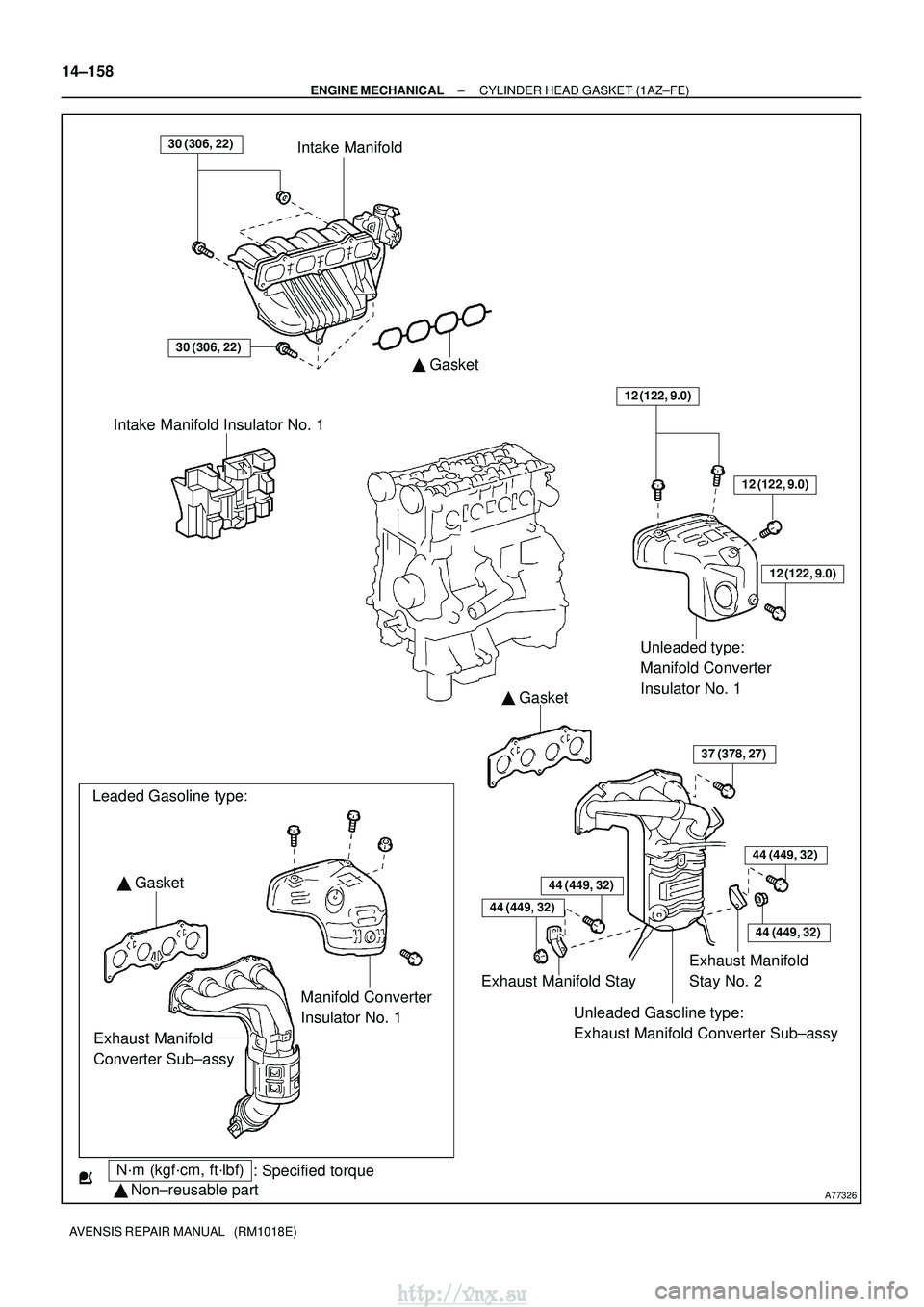 TOYOTA AVENSIS 2003  Service Repair Manual A77326
Intake Manifold
N´m (kgf´cm, ft´lbf): Specified torque
  Non±reusable part
30 (306, 22)
 Gasket
30 (306, 22)
Intake Manifold Insulator No. 1
12 (122, 9.0)
Unleaded type: 
Manifold Convert