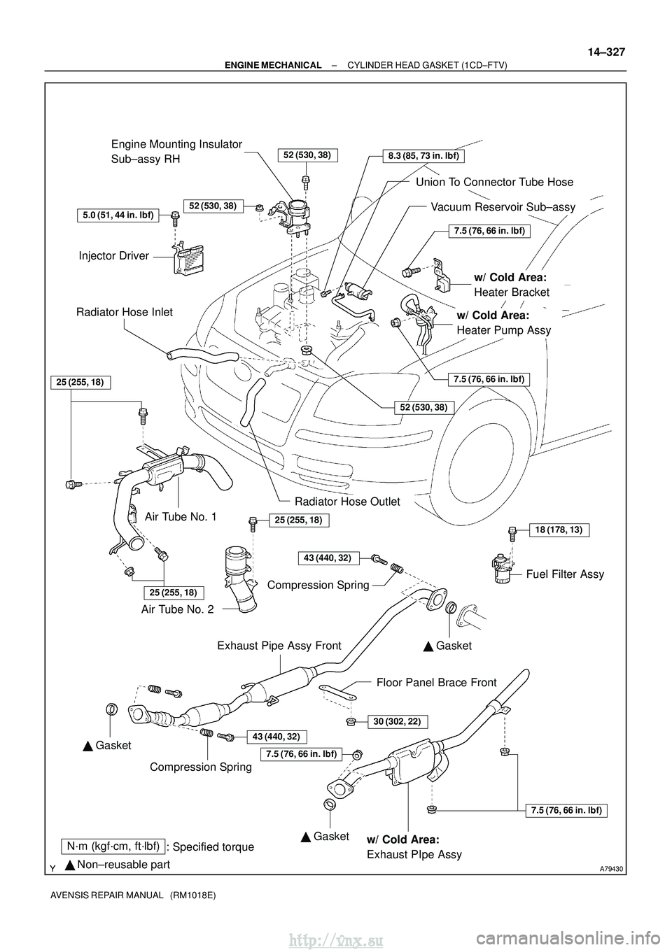 TOYOTA AVENSIS 2003  Service Repair Manual A79430
N´m (kgf´cm, ft´lbf): Specified torque
  Non±reusable part
52 (530, 38)
52 (530, 38)
7.5 (76, 66 in. lbf)
7.5 (76, 66 in. lbf)
52 (530, 38)
25 (255, 18)
25 (255, 18)
43 (440, 32)
18 (178