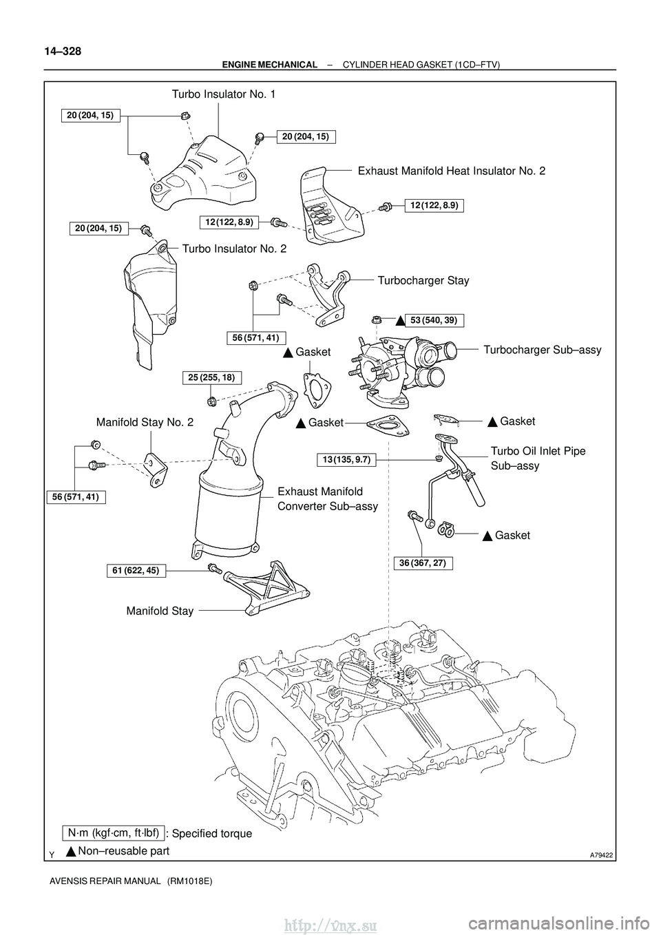 TOYOTA AVENSIS 2003  Service Repair Manual A79422
N´m (kgf´cm, ft´lbf): Specified torque
  Non±reusable part 
 Gasket
 Gasket

 Gasket
20 (204, 15)
20 (204, 15)
12 (122, 8.9)
53 (540, 39)
13 (135, 9.7)
36 (367, 27)61 (622, 45)
56 (571,