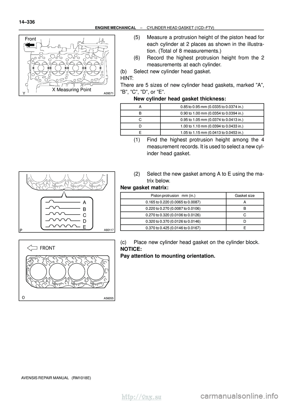 TOYOTA AVENSIS 2003  Service Repair Manual A09571
Front
X Measuring Point
A80117
A
B
C
D
E
A56055
14±336
±
ENGINE MECHANICAL CYLINDER HEAD GASKET (1CD±FTV)
AVENSIS REPAIR MANUAL   (RM1018E)
(5) Measure a protrusion height of the piston head