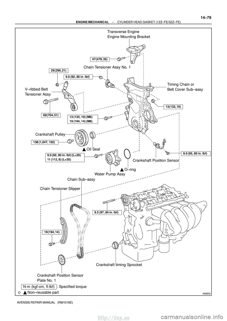 TOYOTA AVENSIS 2003  Service Repair Manual A60625
Crankshaft Pulley
V±ribbed Belt 
Tensioner Assy
Water Pump AssyTransverse Engine 
Engine Mounting Bracket
Crankshaft Position Sensor
Chain Tensioner Assy No. 1
Timing Chain or 
Belt Cover Sub