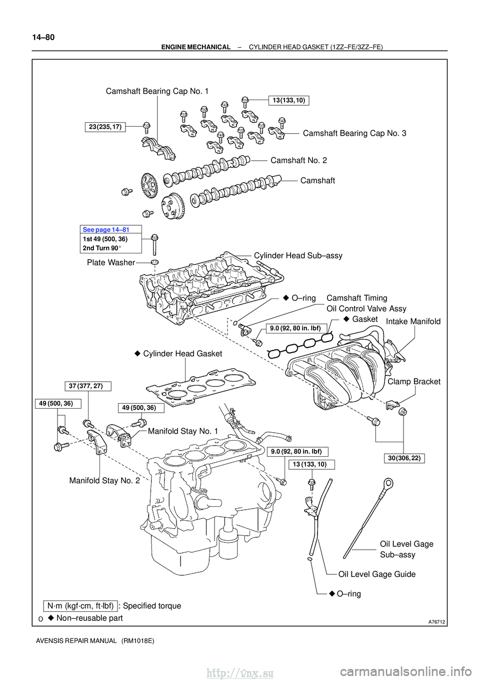 TOYOTA AVENSIS 2003  Service Repair Manual A76712
Camshaft
Camshaft No. 2
Plate Washer Camshaft Bearing Cap No. 1
Camshaft Bearing Cap No. 3
Cylinder Head Sub±assy Camshaft Timing 
Oil Control Valve Assy
 Cylinder Head Gasket
Manifold Stay N