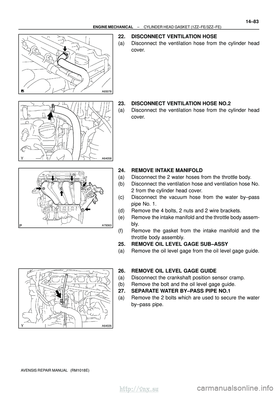 TOYOTA AVENSIS 2003  Service Repair Manual A65078
A64058
A79363
A64026
±
ENGINE MECHANICAL CYLINDER HEAD GASKET (1ZZ±FE/3ZZ±FE)
14±83
AVENSIS REPAIR MANUAL   (RM1018E)
22. DISCONNECT VENTILATION HOSE
(a) Disconnect  the ventilation hose fr