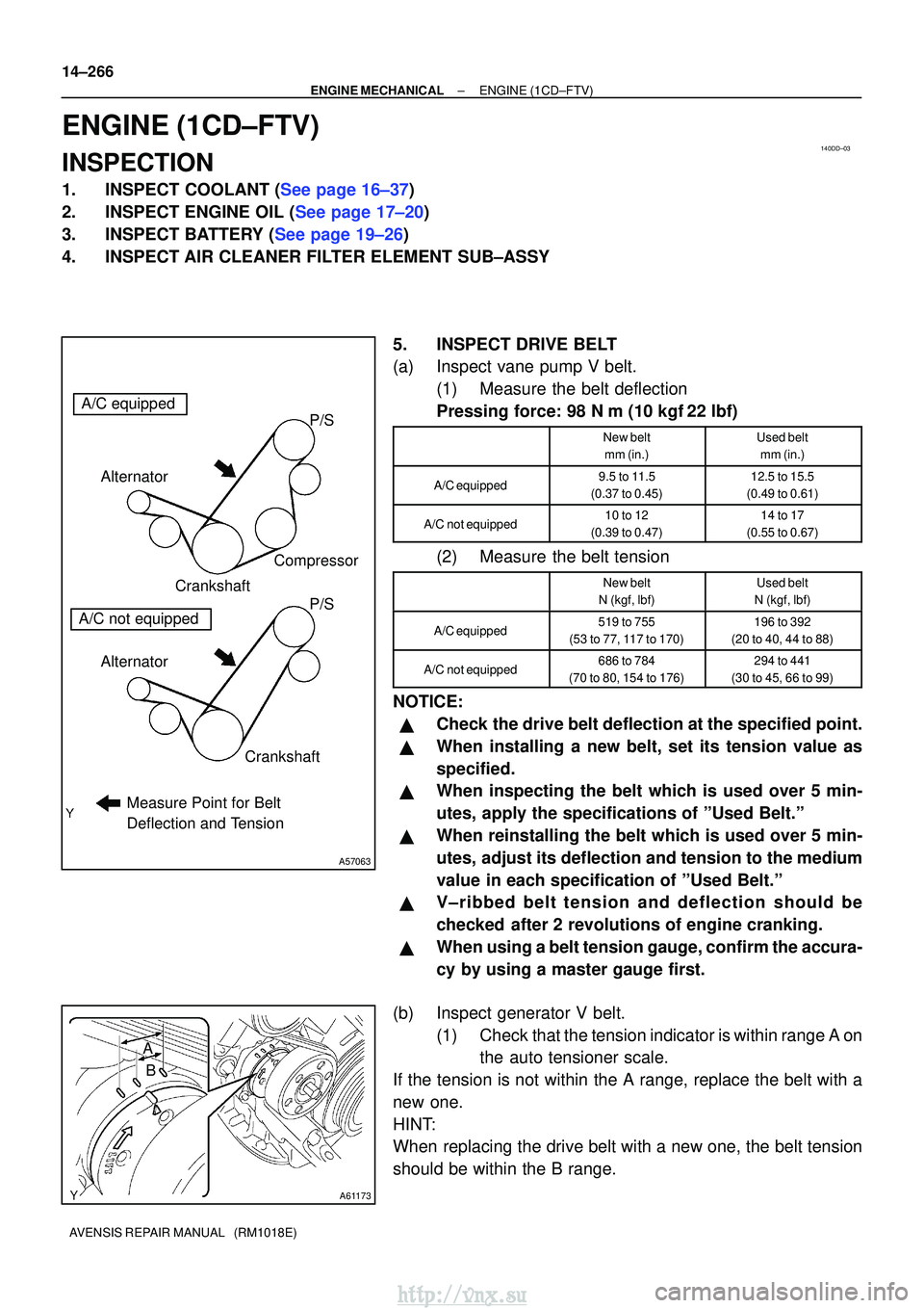 TOYOTA AVENSIS 2003  Service Repair Manual 140DD±03
A57063
Measure Point for Belt 
Deflection and Tension
Alternator
Crankshaft Compressor
P/S P/S
Alternator Crankshaft
A/C equipped
A/C not equipped
A61173
B
A
14±266
±
ENGINE MECHANICALENGI