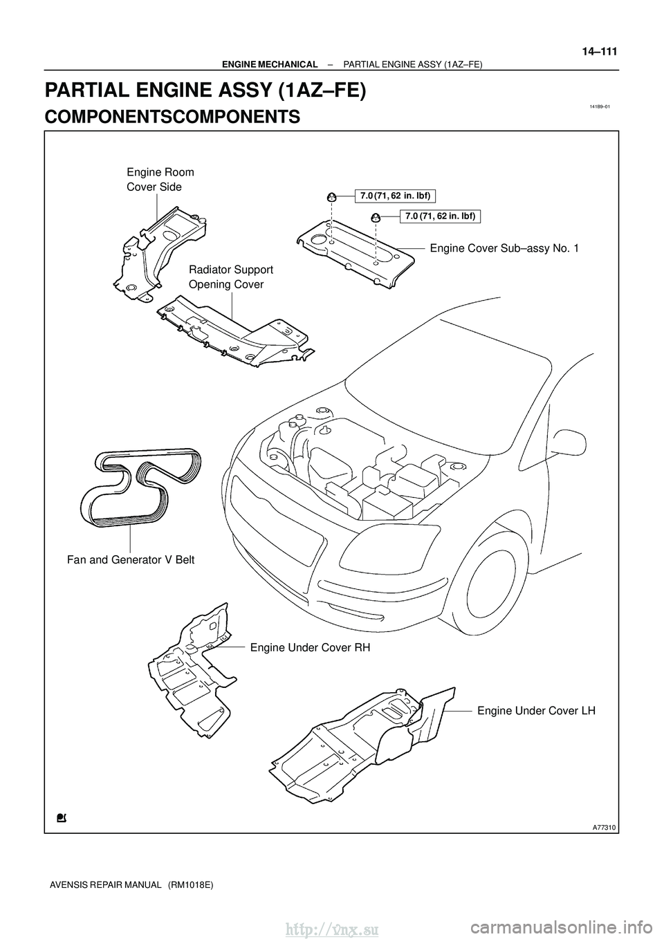 TOYOTA AVENSIS 2003  Service Repair Manual 141B9±01
A77310
Engine Room 
Cover SideRadiator Support 
Opening Cover Engine Cover Sub±assy No. 1
Fan and Generator V Belt Engine Under Cover LH
7.0 (71, 62  in.lbf)
7.0 (71, 62 in. lbf)
Engine U