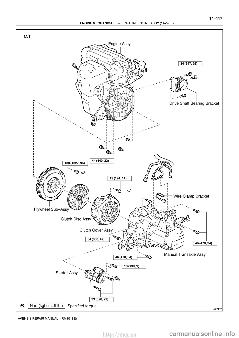 TOYOTA AVENSIS 2003  Service Repair Manual A77497
Engine AssyDrive Shaft Bearing Bracket
Wire Clamp Bracket
Manual Transaxle Assy
Starter Assy Clutch Disc Assy
Flywheel Sub±Assy 
8
7
Clutch Cover Assy
N´m (kgf´cm, ft´lbf) : Specified tor