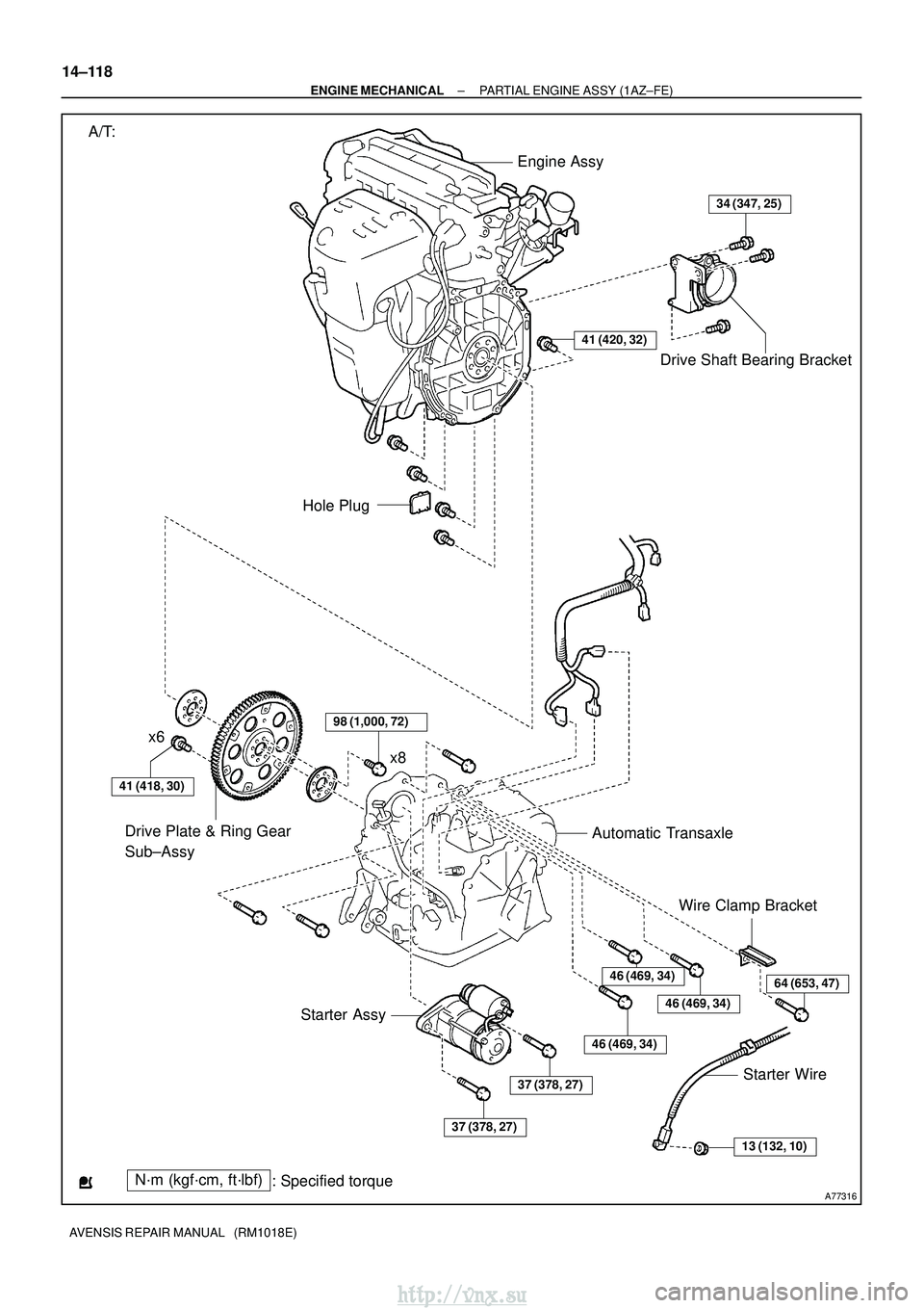TOYOTA AVENSIS 2003  Service Repair Manual A77316
Engine AssyDrive Shaft Bearing Bracket
Hole Plug
Drive Plate & Ring Gear 
Sub±Assy x6
Wire Clamp Bracket
Starter Wire
Starter Assy
34 (347, 25)
41 (420, 32)
98 (1,000, 72)
46 (469, 34)
13 (132