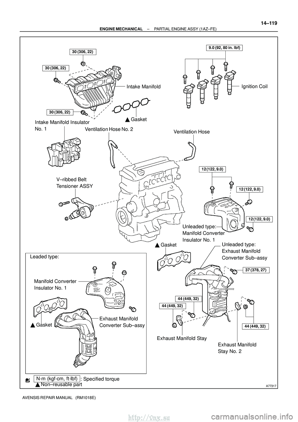 TOYOTA AVENSIS 2003  Service Repair Manual A77317
Intake ManifoldIgnition Coil
Ventilation Hose No. 2 Ventilation Hose
Unleaded type: 
Manifold Converter 
Insulator No. 1
Intake Manifold Insulator 
No. 1
V±ribbed Belt 
Tensioner ASSY
Unleaded
