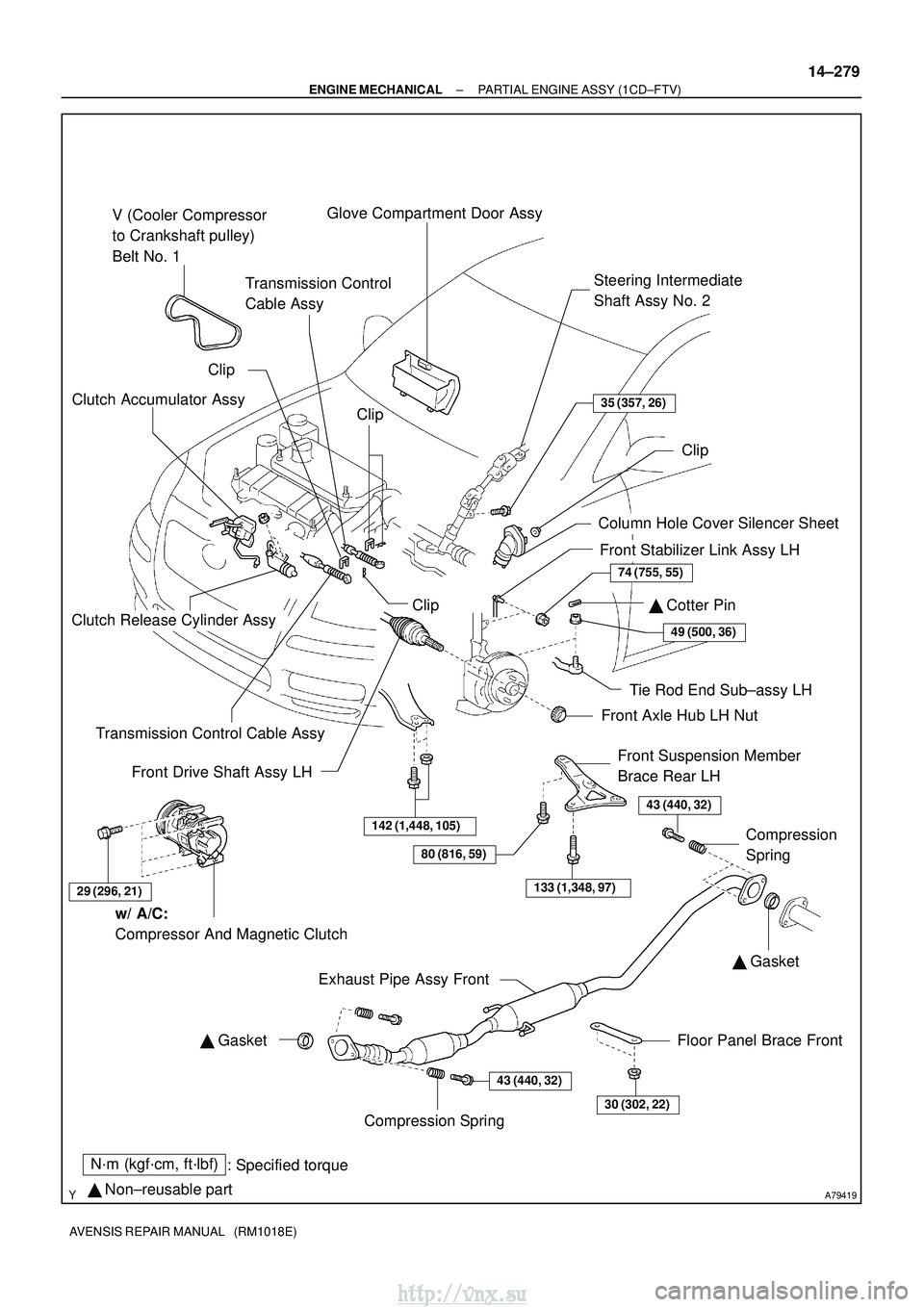 TOYOTA AVENSIS 2003  Service Repair Manual A79419
N´m (kgf´cm, ft´lbf): Specified torque
  Non±reusable part
29 (296, 21)
80 (816, 59)
133 (1,348, 97)
43 (440, 32)
30 (302, 22)
43 (440, 32)
 Gasket
74 (755, 55)
49 (500, 36)
 Gasket

 C