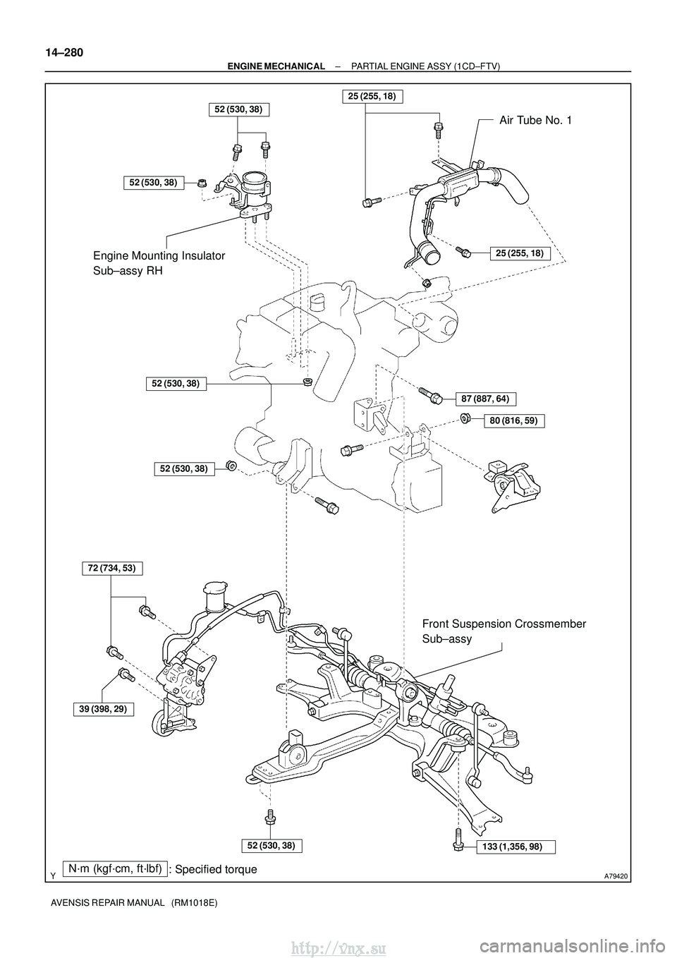 TOYOTA AVENSIS 2003  Service Repair Manual A79420N´m (kgf´cm, ft´lbf): Specified torque
52 (530, 38)
52 (530, 38)
52 (530, 38)
52 (530, 38)
87 (887, 64)
80 (816, 59)
133 (1,356, 98)52 (530, 38)
72 (734, 53)
39 (398, 29)
Engine Mounting Insu