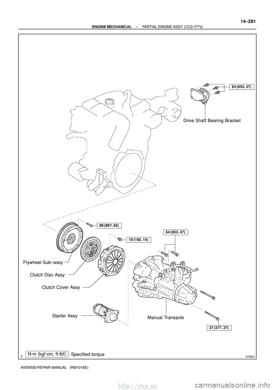 TOYOTA AVENSIS 2003  Service Repair Manual A79421N´m (kgf´cm, ft´lbf): Specified torque
88 (897, 65)
19 (195, 14)
64 (653, 47)
37 (377, 27)
Drive Shaft Bearing Bracket
Flywheel Sub±assy Clutch Cover Assy
Starter Assy Manual Transaxle
Clutc