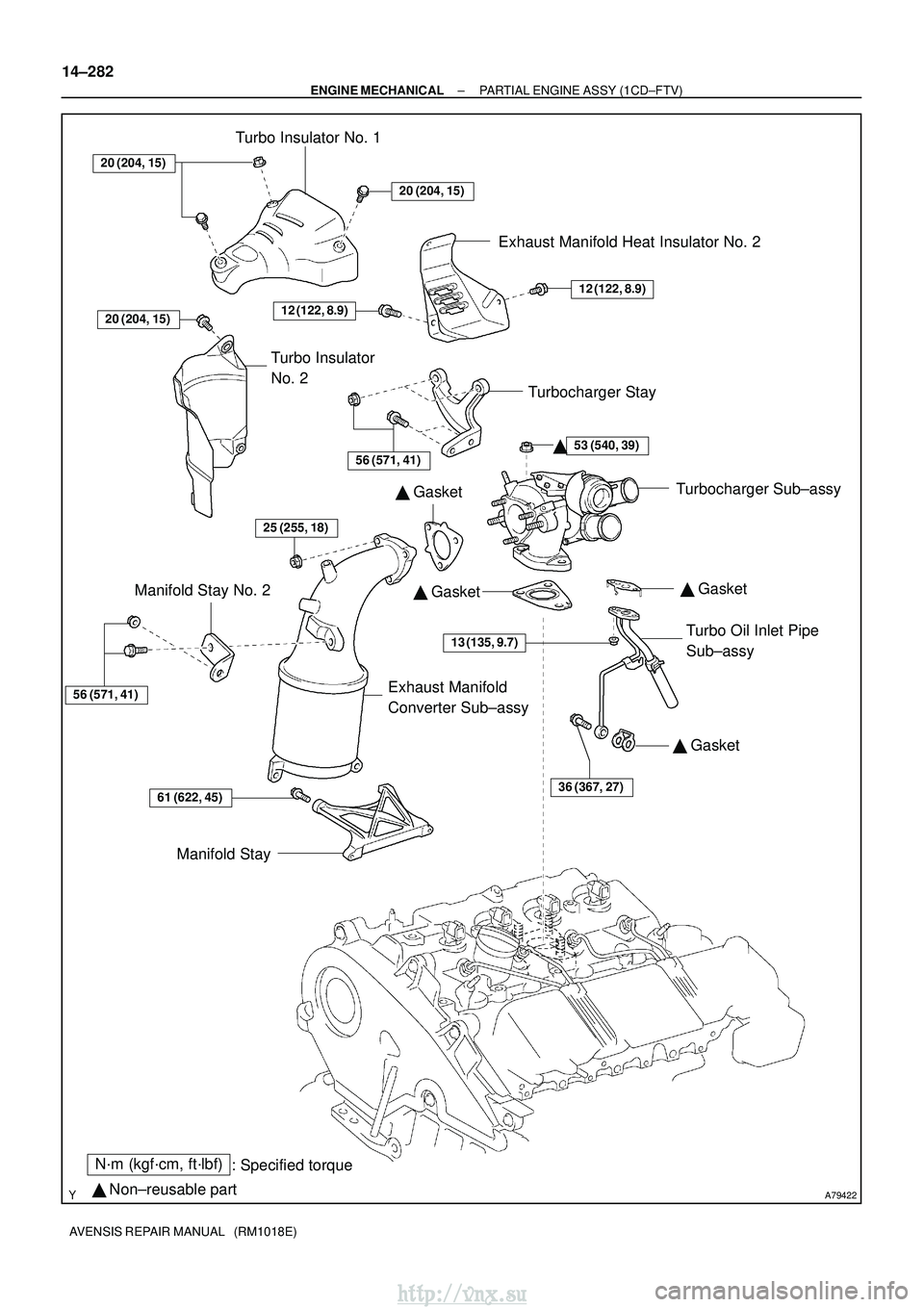 TOYOTA AVENSIS 2003  Service Repair Manual A79422
N´m (kgf´cm, ft´lbf): Specified torque
  Non±reusable part 
 Gasket
 Gasket

 Gasket
20 (204, 15)
20 (204, 15)
53 (540, 39)
13 (135, 9.7)
36 (367, 27)61 (622, 45)
56 (571, 41)
25 (255, 