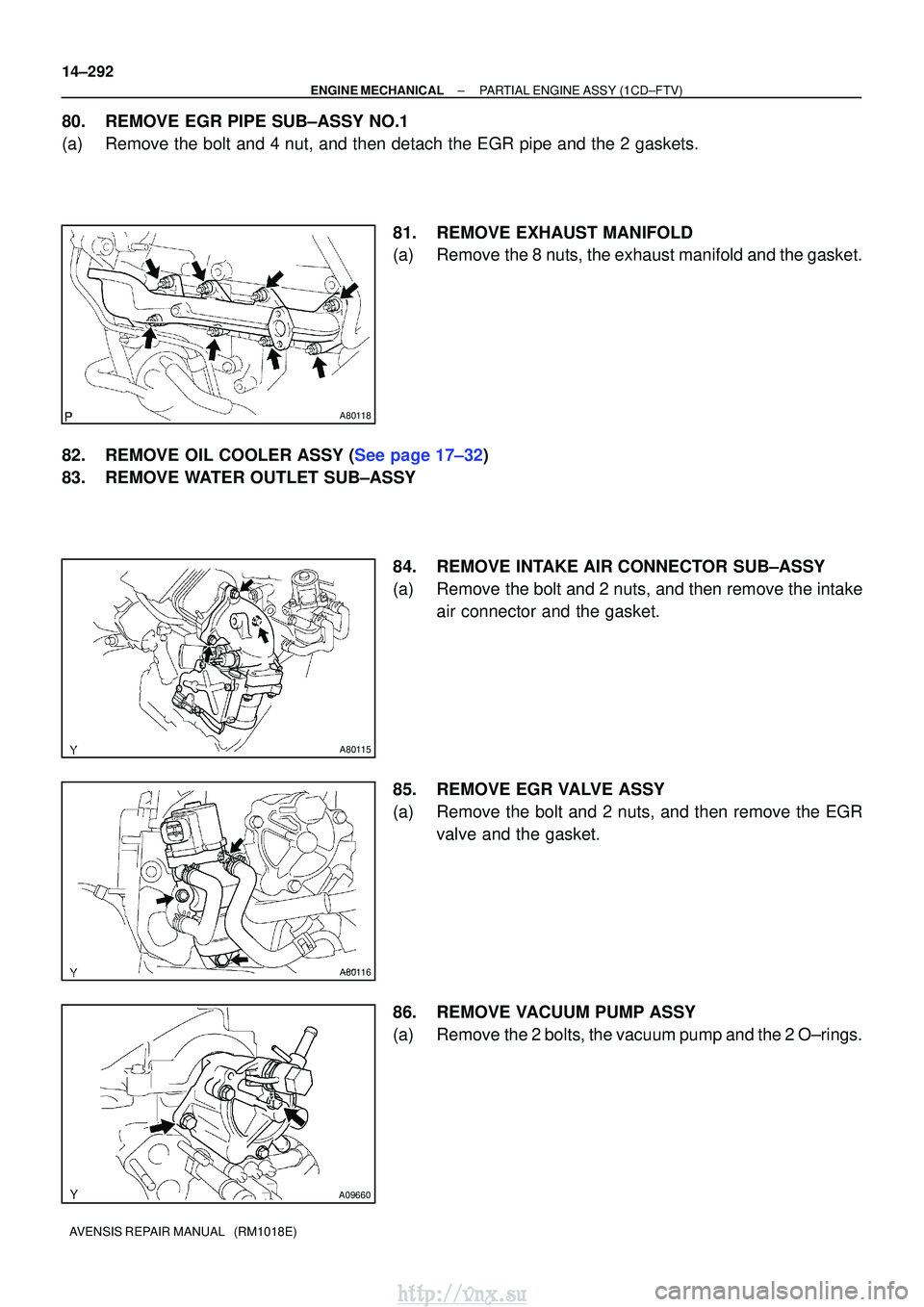 TOYOTA AVENSIS 2003 Service Repair Manual A80118
A80115
A80116
A09660
14±292
±
ENGINE MECHANICALPARTIAL ENGINE ASSY(1CD±FTV)
AVENSIS REPAIR MANUAL (RM1018E)
80.REMOVE EGR PIPE SUB±ASSY NO.1
(a)Remove the bolt and 4 nut, and then detach TOYOTA AVENSIS 2003 Service Repair Manual A80118
A80115
A80116
A09660
14±292
±
ENGINE MECHANICALPARTIAL ENGINE ASSY(1CD±FTV)
AVENSIS REPAIR MANUAL (RM1018E)
80.REMOVE EGR PIPE SUB±ASSY NO.1
(a)Remove the bolt and 4 nut, and then detach