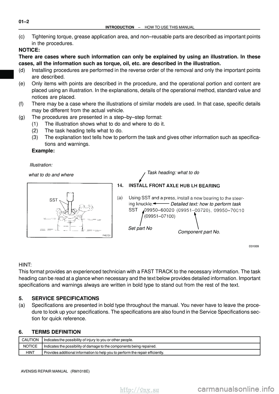 TOYOTA AVENSIS 2003  Service Manual PDF Illustration:what to do and where
Component part No.
Detailed text: how to perform task
Task heading: what to do
Set part No
D31009
01±2
±
INTRODUCTION HOW TO USE THIS MANUAL
AVENSIS REPAIR MANUAL  