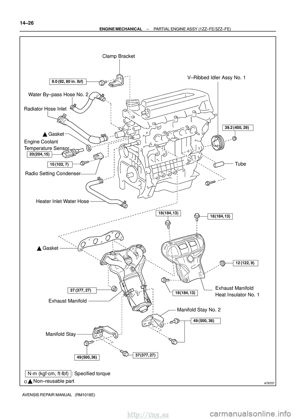 TOYOTA AVENSIS 2003  Service Repair Manual A76707
Water By±pass Hose No. 2
Radiator Hose Inlet
Heater Inlet Water Hose  Gasket
Exhaust Manifold
Manifold Stay Exhaust Manifold 
Heat Insulator No. 1

 Gasket
Engine Coolant
Temperature Sensor

