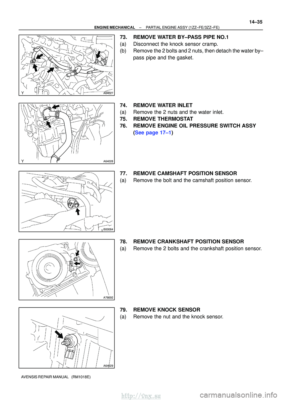 TOYOTA AVENSIS 2003  Service Repair Manual A64027
A64028
B00084
A76692
A64029
±
ENGINE MECHANICAL PARTIAL ENGINE ASSY (1ZZ±FE/3ZZ±FE)
14±35
AVENSIS REPAIR MANUAL   (RM1018E)
73. REMOVE WATER BY±PASS PIPE NO.1
(a) Disconnect the knock sens