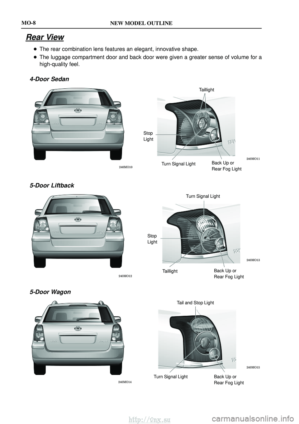 TOYOTA AVENSIS 2003  Service Repair Manual NEW MODEL OUTLINE
\b
\b
Taillight
Stop
Light Turn Signal Light Back Up or
Rear Fog Light
\b
\b
Turn Signal Light
Stop
Light Taillight Back Up or
Rear Fog Light
\b
\b