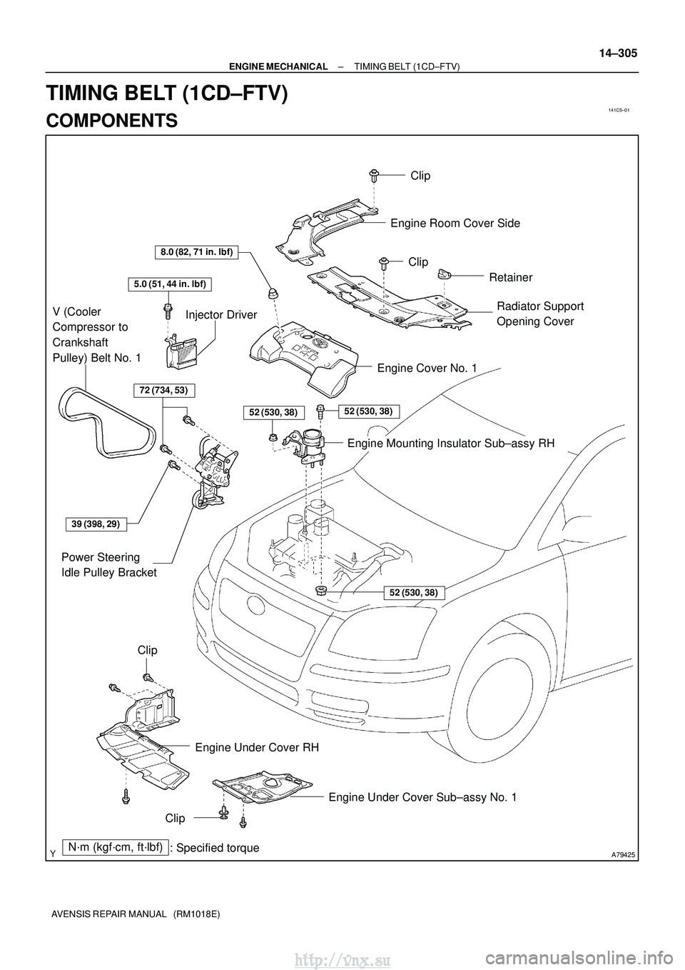 TOYOTA AVENSIS 2003  Service Repair Manual 141C5±01
A79425N´m (kgf´cm, ft´lbf): Specified torque
8.0 (82, 71 in.lbf)
72 (734, 53)
V (Cooler 
Compressor to 
Crankshaft 
Pulley) Belt No. 1
Engine Cover No. 1Engine Room Cover Side
Radiator S