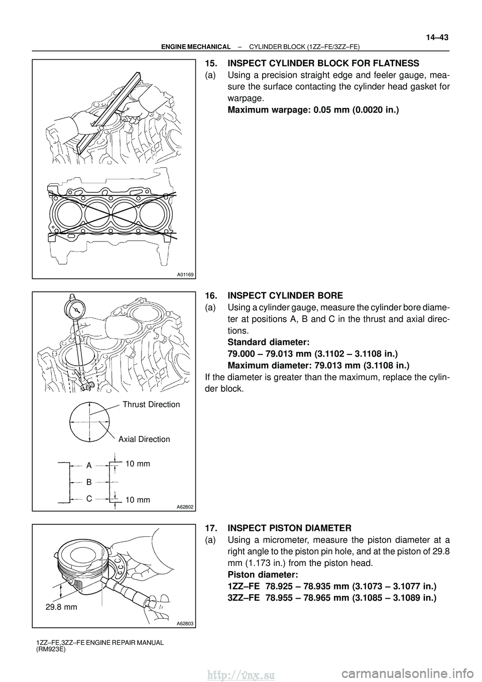 TOYOTA AVENSIS 2003  Service Repair Manual A01169
A62802
Thrust Direction
Axial Direction
A
B 10 mm 10 mm
C
A62803
29.8 mm
±
ENGINE MECHANICAL CYLINDER BLOCK (1ZZ±FE/3ZZ±FE)
14±43
1ZZ±FE,3ZZ±FE ENGINE REPAIR MANUAL
(RM923E)
15. INSPECT C