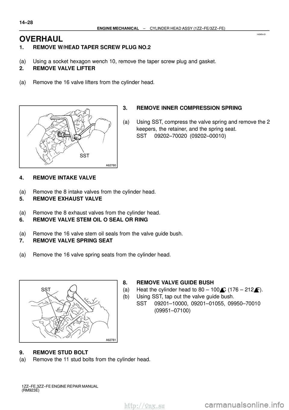TOYOTA AVENSIS 2003  Service Repair Manual 140KN±01
A62780
SST
A62781
SST
14±28
±
ENGINE MECHANICAL CYLINDER HEAD ASSY (1ZZ±FE/3ZZ±FE)
1ZZ±FE,3ZZ±FE ENGINE REPAIR MANUAL
(RM923E)
OVERHAUL
1. REMOVE W/HEAD TAPER SCREW PLUG NO.2
(a) Using