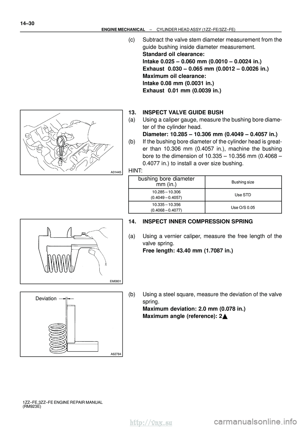 TOYOTA AVENSIS 2003  Service Repair Manual A01445
EM0801
A62784
Deviation
14±30
±
ENGINE MECHANICAL CYLINDER HEAD ASSY (1ZZ±FE/3ZZ±FE)
1ZZ±FE,3ZZ±FE ENGINE REPAIR MANUAL
(RM923E)
(c) Subtract  the valve stem diameter measurement from the