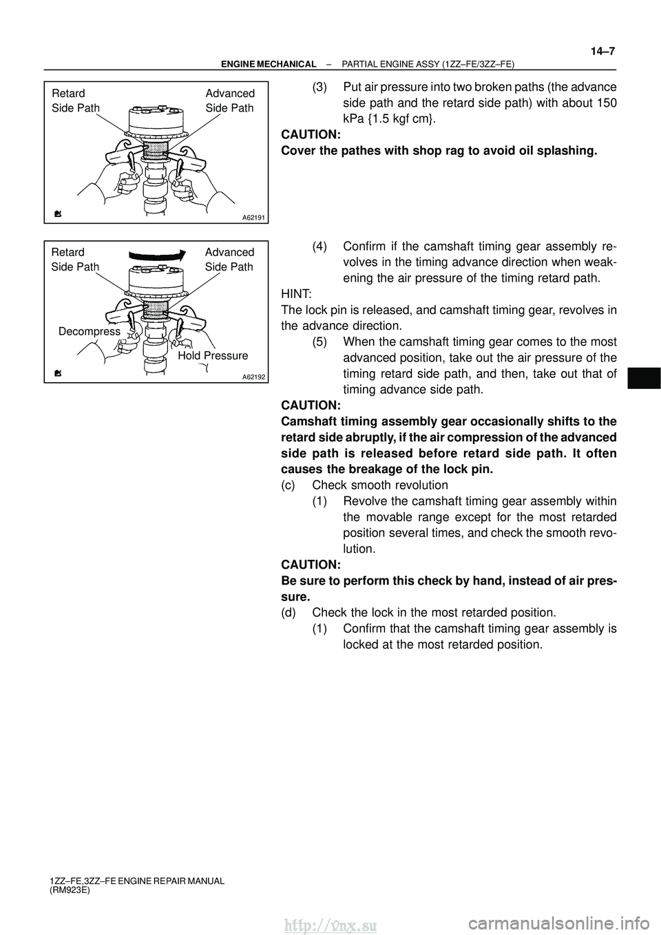 TOYOTA AVENSIS 2003  Service Repair Manual A62191
Advanced 
Side Path
Retard 
Side Path
A62192
Hold Pressure
Decompress Advanced 
Side Path
Retard 
Side Path
±
ENGINE MECHANICAL PARTIAL ENGINE ASSY (1ZZ±FE/3ZZ±FE)
14±7
1ZZ±FE,3ZZ±FE ENGI