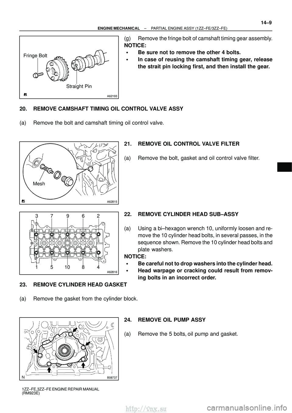 TOYOTA AVENSIS 2003  Service Repair Manual A62193
Straight Pin
Fringe Bolt
A62815
Mesh
A62816
37 9 62
481051
B08737
±
ENGINE MECHANICAL PARTIAL ENGINE ASSY (1ZZ±FE/3ZZ±FE)
14±9
1ZZ±FE,3ZZ±FE ENGINE REPAIR MANUAL
(RM923E)
(g) Remove the f
