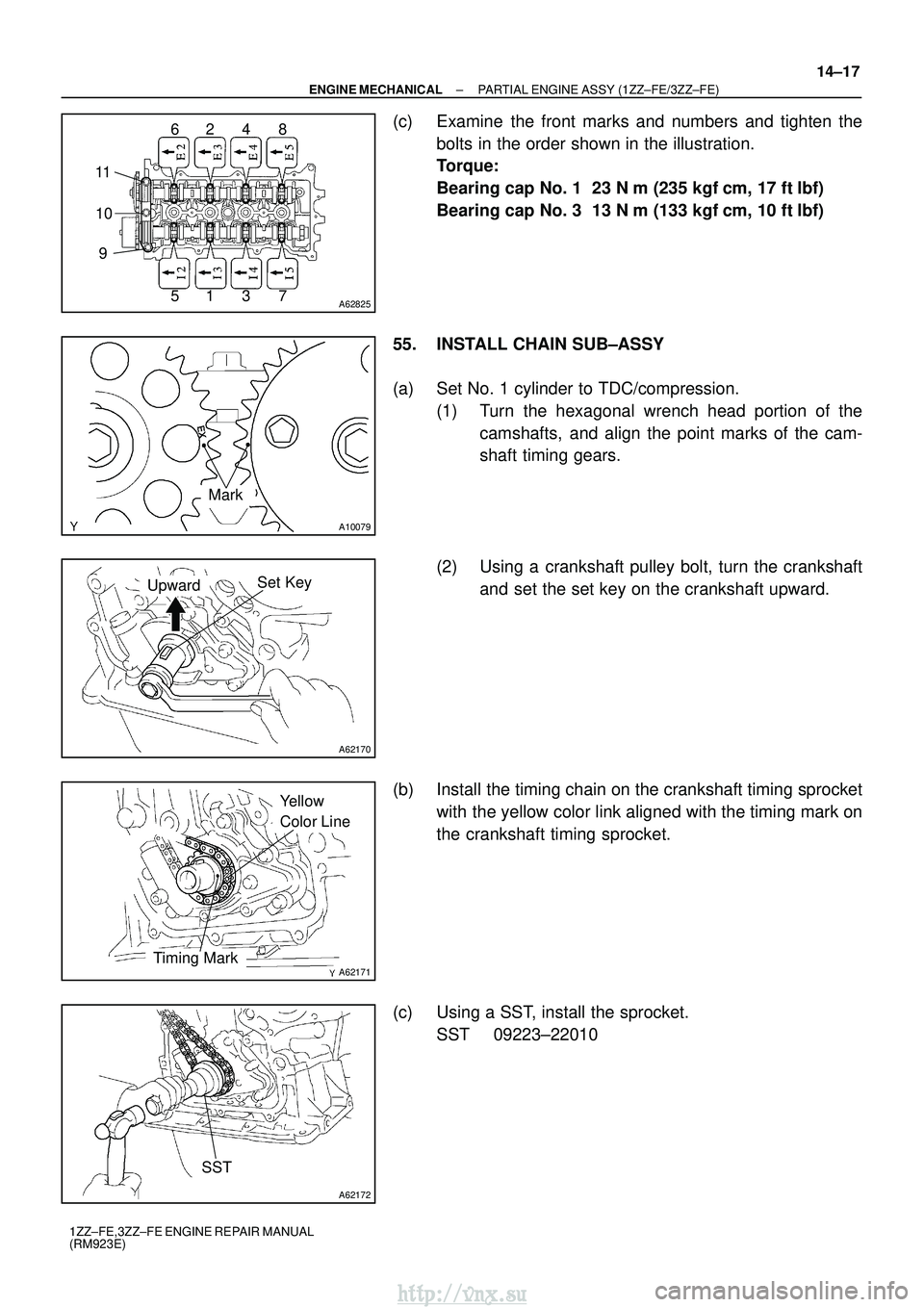 TOYOTA AVENSIS 2003  Service Repair Manual A62825
62 4 8
51 3 7
11
10 9
A10079
Mark
A62170
Set KeyUpward
A62171
Yellow 
Color Line
Timing Mark
A62172
SST
±
ENGINE MECHANICAL PARTIAL ENGINE ASSY (1ZZ±FE/3ZZ±FE)
14±17
1ZZ±FE,3ZZ±FE ENGINE 