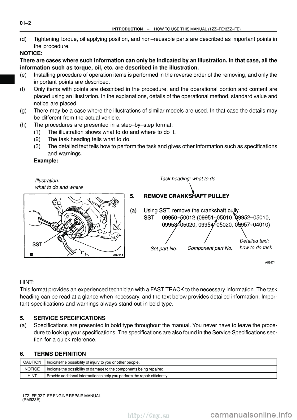TOYOTA AVENSIS 2003  Service Repair Manual Illustration:what to do and where Task heading: what to do
Detailed text:how to do task
Set part No. Component part No.
A59974
01±2
±
INTRODUCTION HOW TO USE THIS MANUAL (1ZZ±FE/3ZZ±FE)
1ZZ±FE,3Z