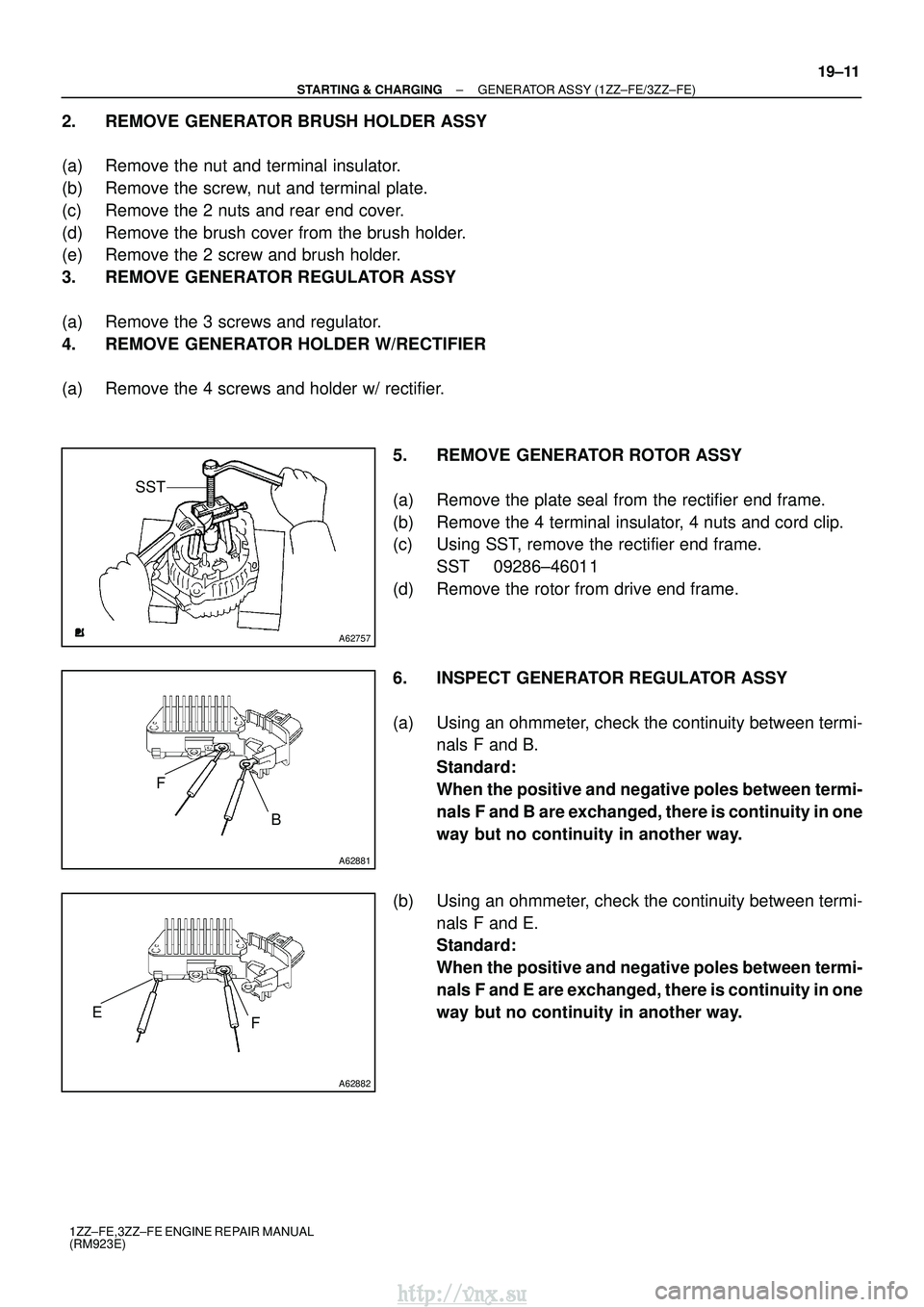 TOYOTA AVENSIS 2003  Service Repair Manual A62757
SST
A62881
FB
A62882
E F
±
STARTING & CHARGING GENERATOR ASSY (1ZZ±FE/3ZZ±FE)
19±11
1ZZ±FE,3ZZ±FE ENGINE REPAIR MANUAL
(RM923E)
2. REMOVE GENERATOR BRUSH HOLDER ASSY
(a) Remove the nut an