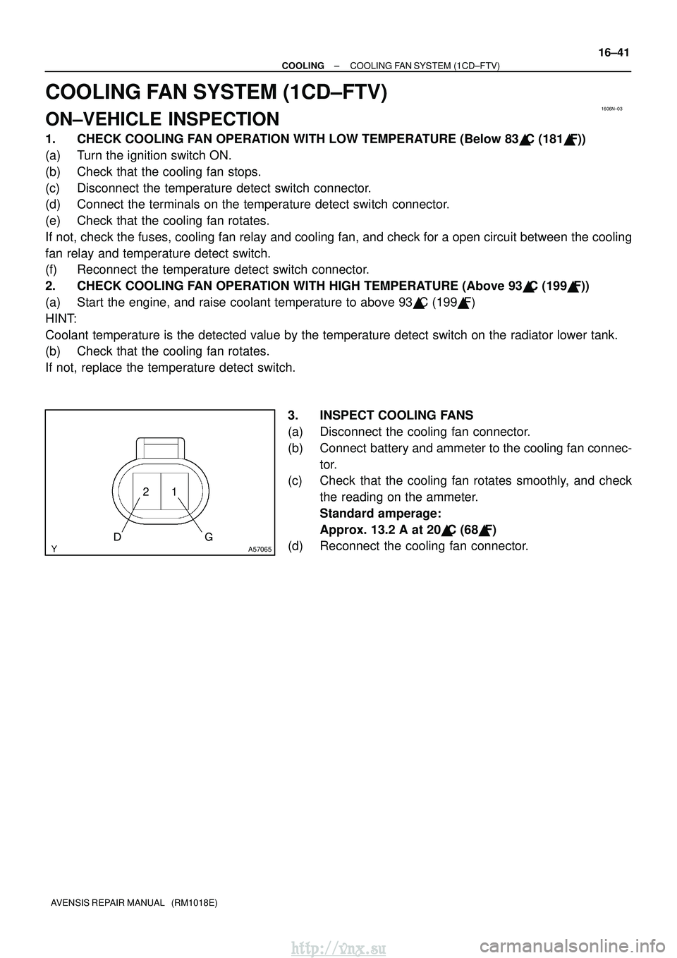TOYOTA AVENSIS 2003  Service Repair Manual 1606N±03
A57065
21

±
COOLING COOLING FAN SYSTEM (1CD±FTV)
16±41
AVENSIS REPAIR MANUAL   (RM1018E)
COOLING FAN SYSTEM (1CD±FTV)
ON±VEHICLE INSPECTION
1. CHECK COOLING FAN OPERATION WITH LOW TE