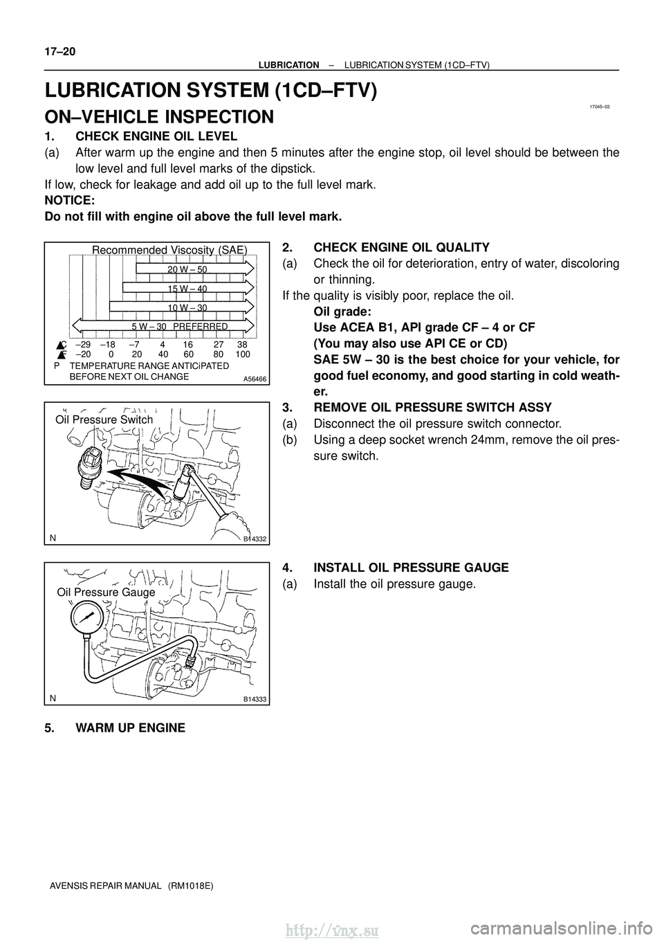 TOYOTA AVENSIS 2003  Service Repair Manual 17045±03
A56466
Recommended Viscosity (SAE)
BEFORE NEXT OIL CHANGE TEMPERATURE RANGE ANTICiPATED416 2738
0 20 40 60 80 100
±29
±20 ±18 ±7
 C
 F 20 W ± 50
15 W ± 40
10 W ± 30
5 W ± 30 PREFER