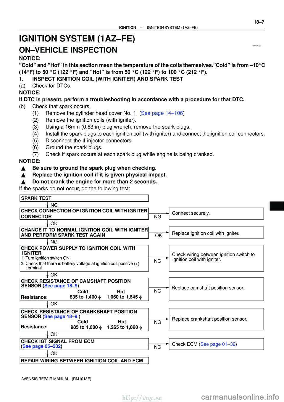 TOYOTA AVENSIS 2003  Service Repair Manual 1807M±01
CHECK POWER SUPPLY TO IGNITION COIL WITHSENSOR (See page 18±9)
SPARK TEST
Replace crankshaft position sensor.
CHECK RESISTANCE OF CAMSHAFT POSITION
1. Turn ignition switch ON.
2. Check that