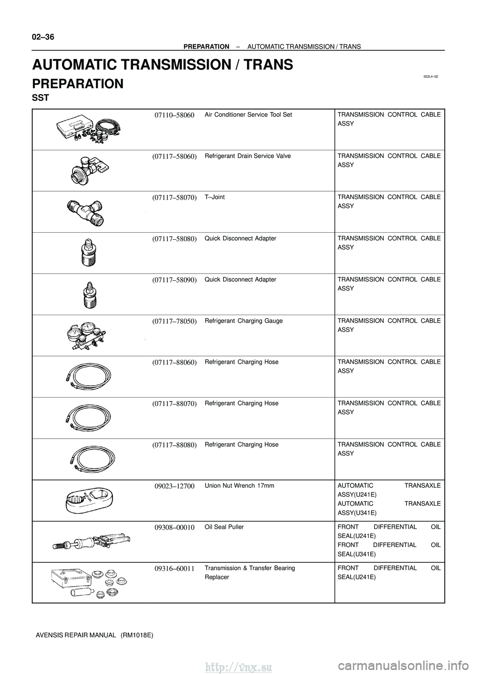TOYOTA AVENSIS 2003 Service Owners Manual 022L4±02
02±36
±
PREPARATION AUTOMATIC TRANSMISSION / TRANS
AVENSIS REPAIR MANUAL (RM1018E)
AUTOMATIC TRANSMISSION / TRANS
PREPARATION
SST
07110±58060Air Conditioner Service Tool SetTRANSMISSION TOYOTA AVENSIS 2003 Service Owners Manual 022L4±02
02±36
±
PREPARATION AUTOMATIC TRANSMISSION / TRANS
AVENSIS REPAIR MANUAL (RM1018E)
AUTOMATIC TRANSMISSION / TRANS
PREPARATION
SST
07110±58060Air Conditioner Service Tool SetTRANSMISSION