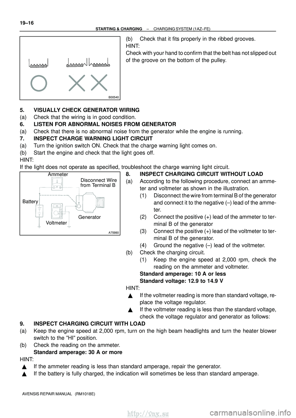 TOYOTA AVENSIS 2003  Service Repair Manual B00540
A75980
Disconnect Wire
from Terminal B
Generator
Voltmeter
Battery Ammeter
19±16
±
STARTING & CHARGING CHARGING SYSTEM (1AZ±FE)
AVENSIS REPAIR MANUAL   (RM1018E)
(b) Check that it fits prope