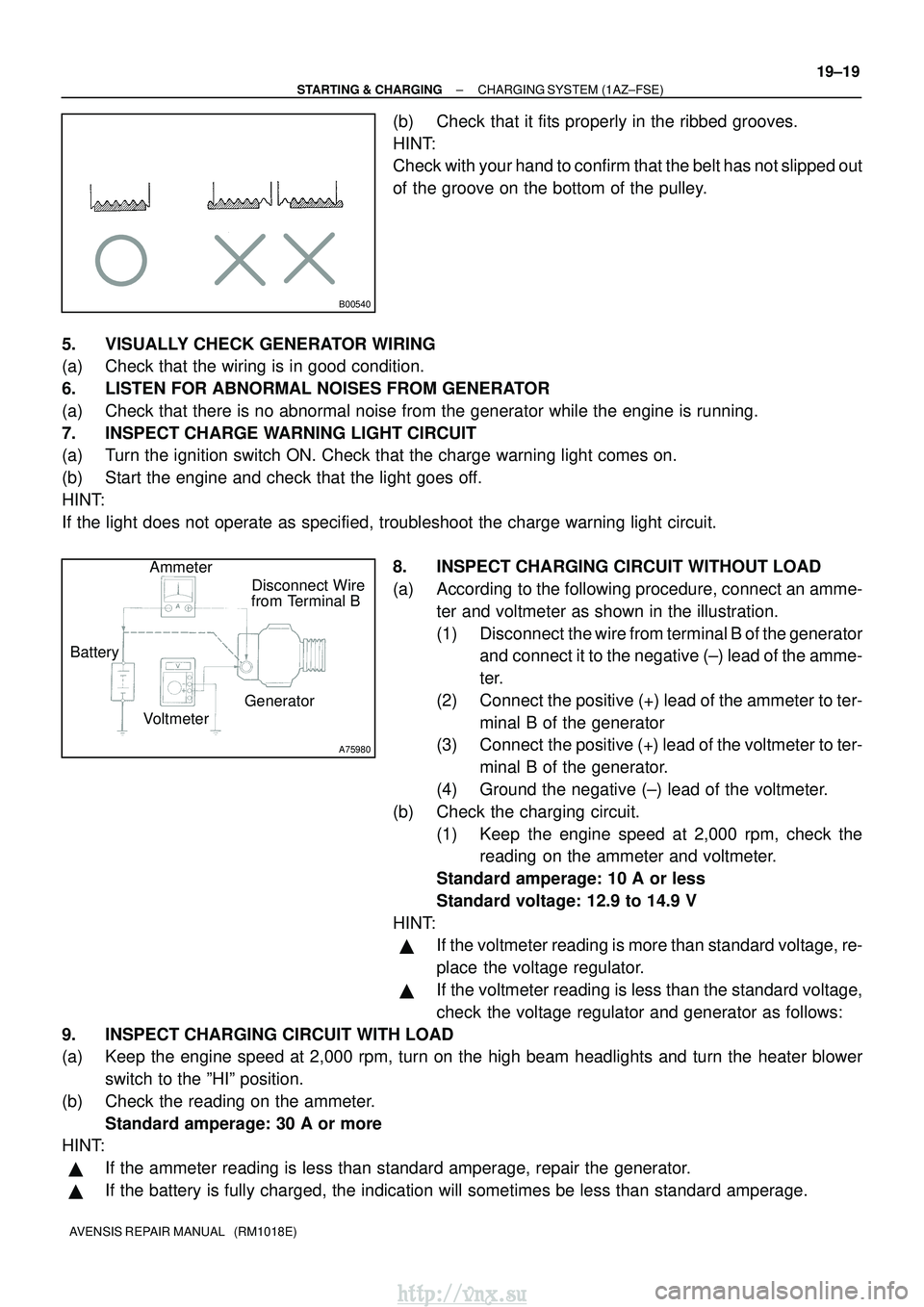 TOYOTA AVENSIS 2003  Service Repair Manual B00540
A75980
Disconnect Wire
from Terminal B
Generator
Voltmeter
Battery Ammeter
±
STARTING & CHARGING CHARGING SYSTEM (1AZ±FSE)
19±19
AVENSIS REPAIR MANUAL   (RM1018E)
(b) Check that it fits prop