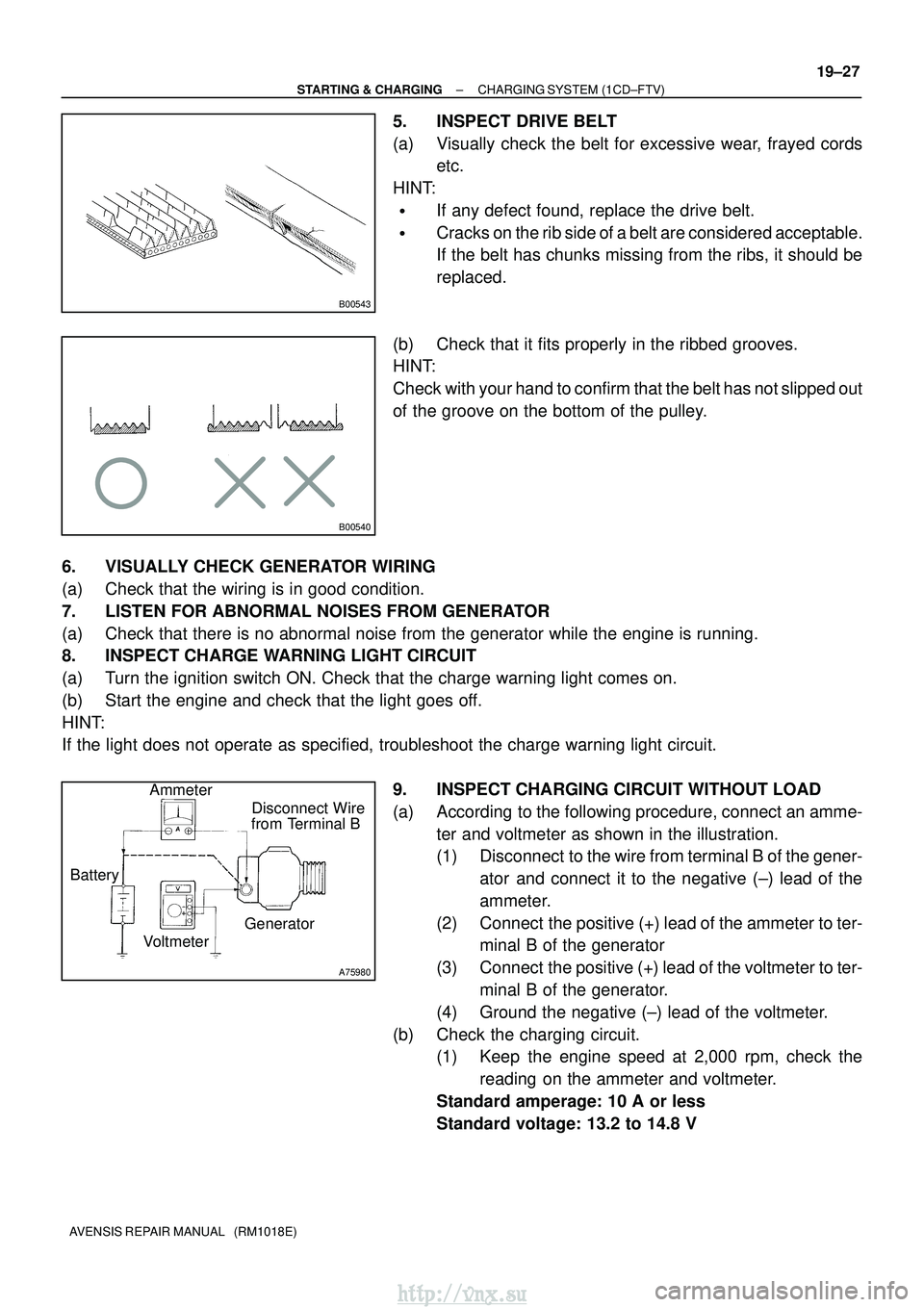 TOYOTA AVENSIS 2003  Service Repair Manual B00543
B00540
A75980
Disconnect Wire
from Terminal B
Generator
Voltmeter
Battery Ammeter
±
STARTING & CHARGING CHARGING SYSTEM (1CD±FTV)
19±27
AVENSIS REPAIR MANUAL   (RM1018E)
5. INSPECT DRIVE BEL